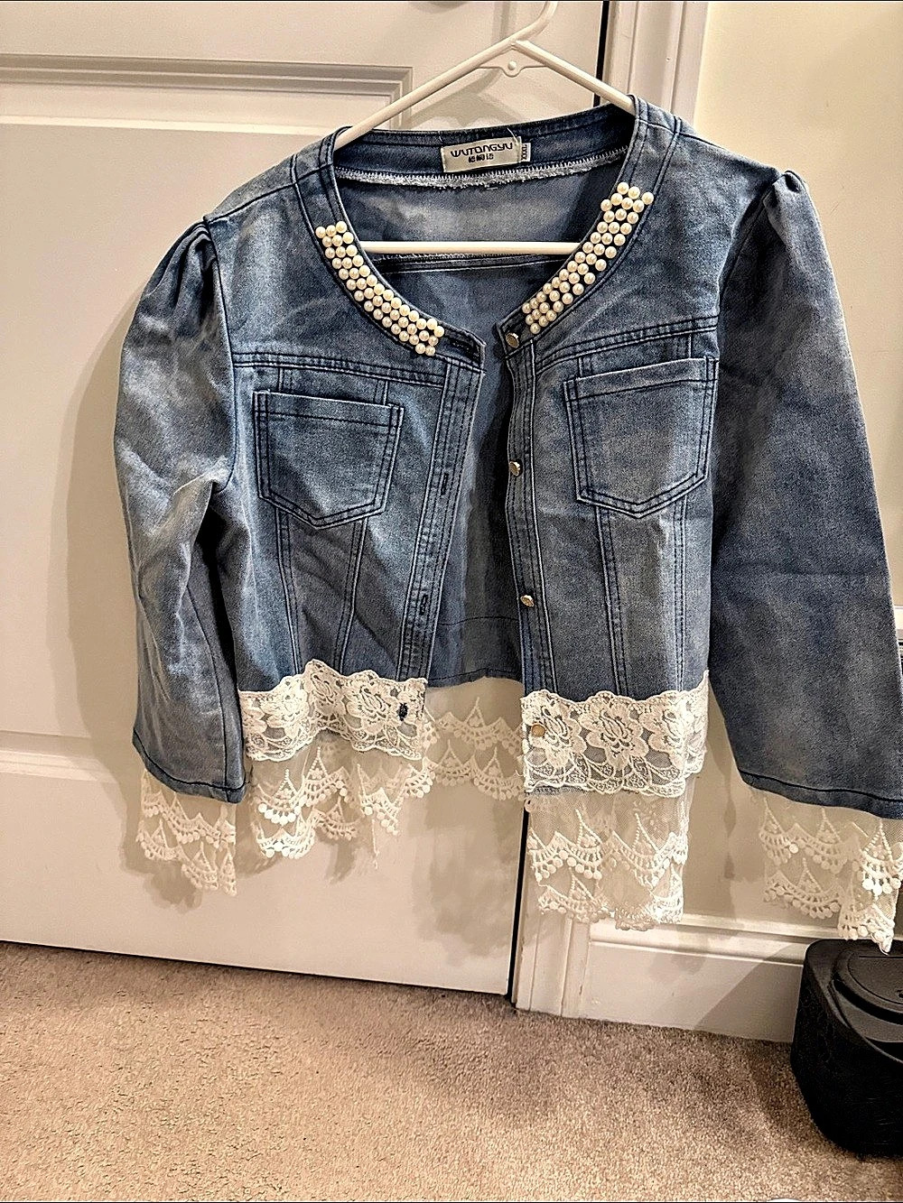 Wu Tong Yu Denim Lace Trim Jacket with pearl trim,NWT